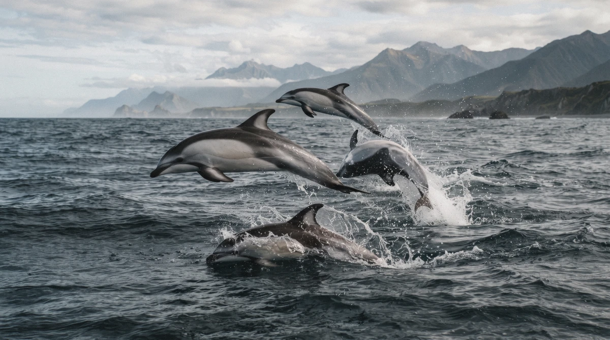 Dusky dolphins leaping beside the boat during kaikoura whale watching tours in New Zealand