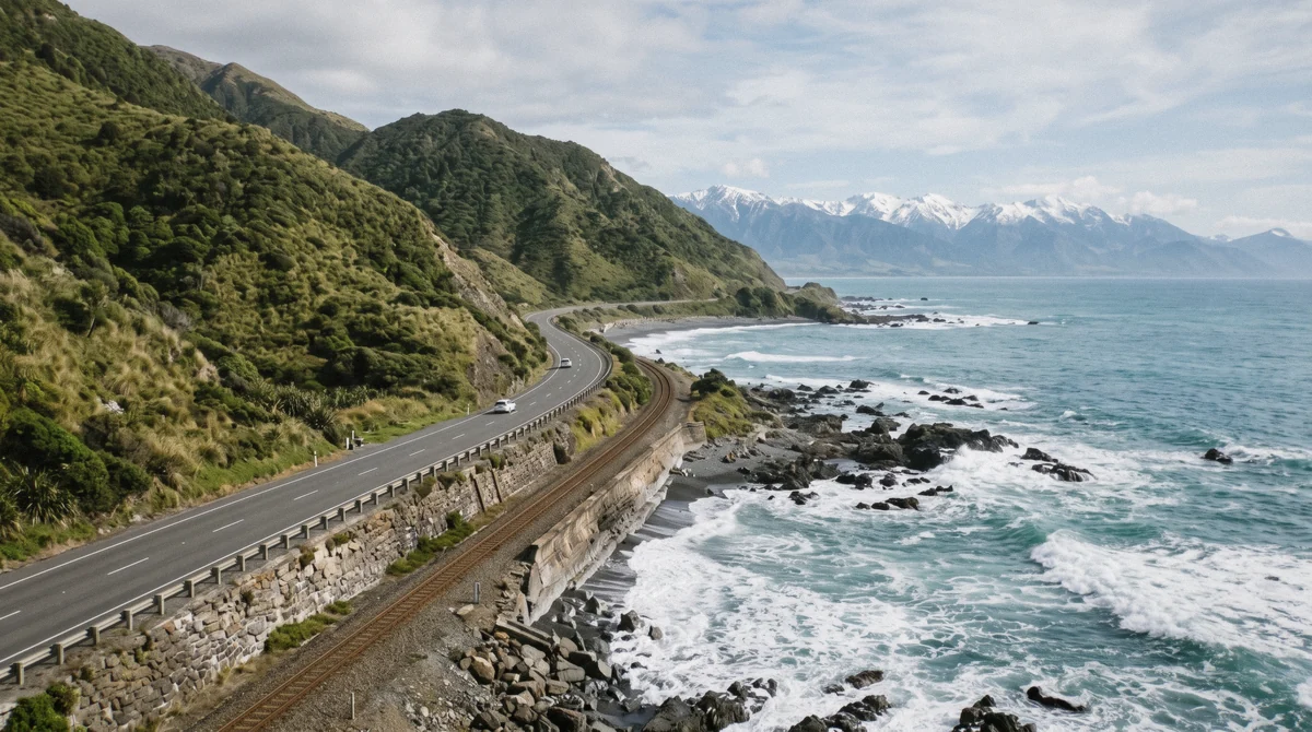 State Highway 1 hugging the Pacific coast on the drive from Christchurch, the road to kaikoura whale watching tours