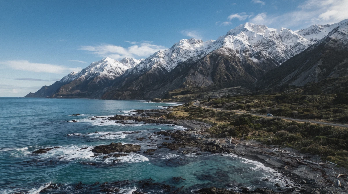Snow-capped Seaward Kaikōura Range meeting the Pacific Ocean, the setting for kaikoura whale watching tours in New Zealand