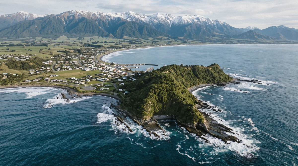 Kaikōura Peninsula and harbour seen from above, the departure point for kaikoura whale watching tours in New Zealand