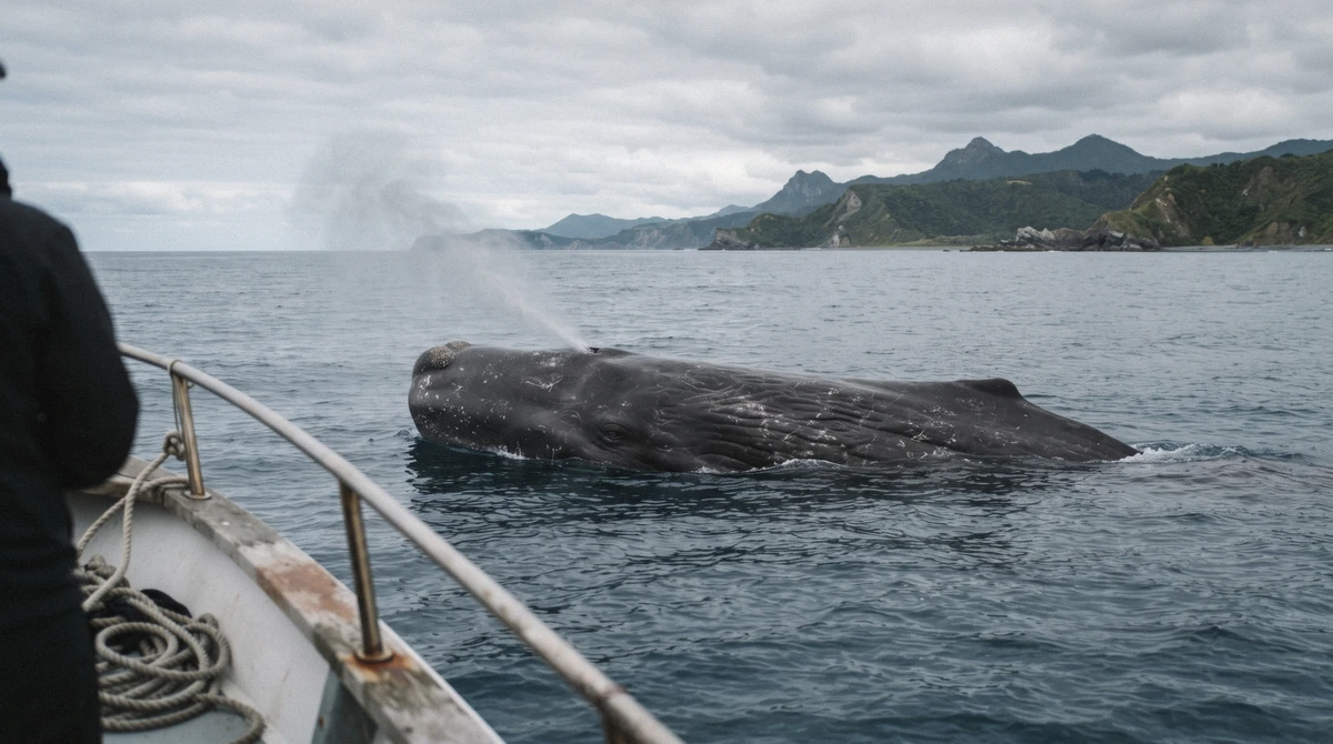Giant sperm whale surfacing with its angled blow above the canyon on kaikoura whale watching tours in New Zealand