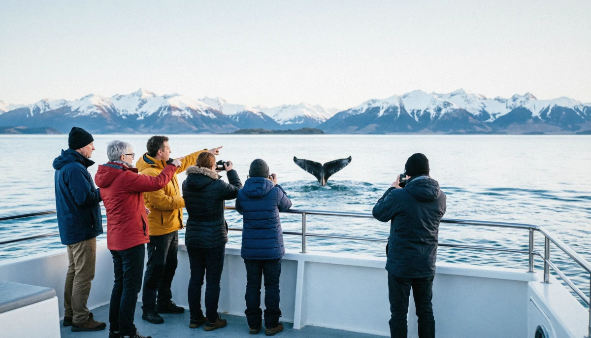 Passengers on the catamaran deck watching a surfacing sperm whale on kaikoura whale watching tours, South Island